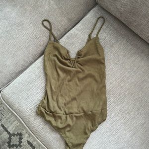 Olive Green V Neck Cutout Bodysuit